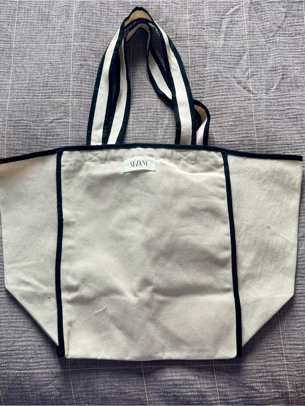 Sézane Cream Canvas Tote with Black Trim and Striped Handles